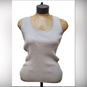 ST. JOHN Ribbed Wool Blend Santana Knit Sleeveless Shell Tank Top Taupe Medium